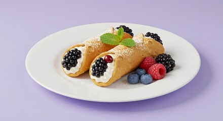 Two cannoli pastries filled with cream and topped with blackberries on a white plate with berries