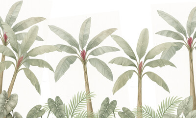 Banana palm mural with red flowers – tropical foliage wallpaper in watercolor style  © csinie1