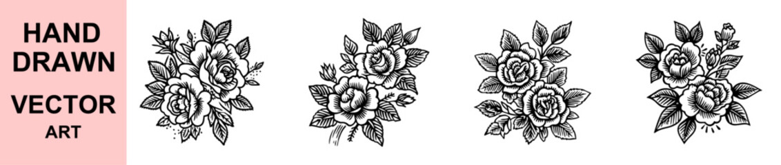 Hand Drawn Vintage Floral Bouquet Vector Art Featuring Blooming Flowers with Leaves for Decorative Tattoo and Design Elements