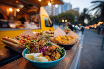 Delicious street food bowls with grilled chicken, fresh greens, fries, and pita bread served from a vibrant yellow food truck in an urban setting