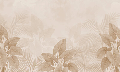 Warm beige tropical wallpaper with large leaves – botanical mural in vintage style  © csinie1