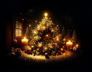 Golden Christmas tree illustration on dark background with many decorative branches, decorations, stars..