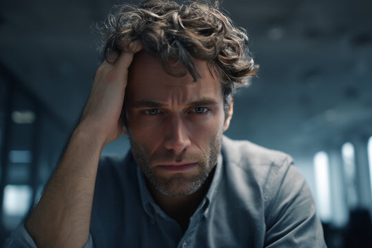Close-up of a stressed young man with curly hair holding his head in a modern indoor setting, expressing worry and deep thought