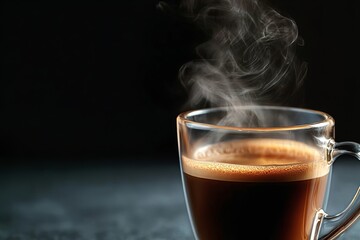 Steaming Hot Black Coffee in a Transparent Glass Cup on Dark Background