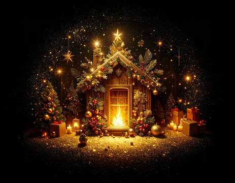 Golden Christmas tree illustration on dark background with many decorative branches, decorations, stars..