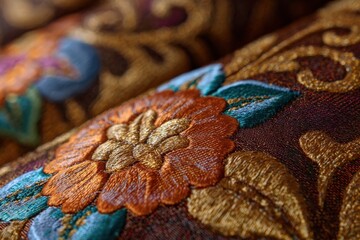 Richly textured brocade fabric featuring intricate raised embroidery of flowers and foliage in vibrant colors