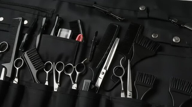 Professional Hairdressing Tools on Black Apron, Scissors Combs and Brushes for Hair Stylist