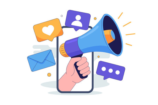 Digital Marketing Announcement: A hand emerges from a smartphone screen, gripping a megaphone that blasts out an announcement amid a flurry of notifications, email, likes, and chat bubbles. - Powered by Adobe