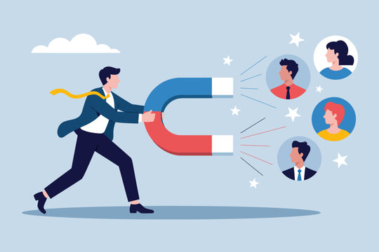 Attracting Talents with Magnetic Appeal: A professional wields a giant horseshoe magnet, metaphorically attracting potential employees, symbolizing the power of recruitment.