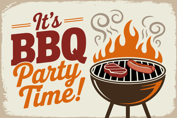 BBQ Party Time: A vibrant BBQ party scene illustration featuring a grilling apparatus, food items, and text, perfect for advertising a gathering.