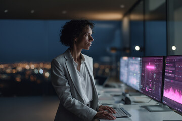 Fototapeta premium Focused businesswoman analyzing data on multiple monitors in a modern office with city lights at night