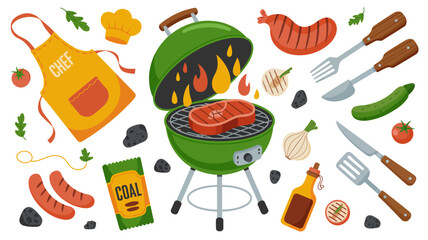 Culinary Feast: A vibrant collection of grilling essentials, perfect for a summertime cookout. Featuring a grill with sizzling steak, an apron, and an array of delicious foods.