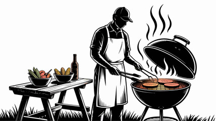 Barbecue Preparation: A silhouette of person stand infront of outdoor grill with smoke and some food on table, enjoying a barbecue on a bright summer day.