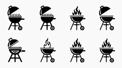 Summer BBQ icons: A collection of diverse icons representing a barbecue grill with varying lid positions and the presence of flames.