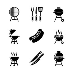 Barbecue Icon Set: A sleek set of black barbecue icons represents grilling essentials like grills, hot dog, and utensils. Perfect for any design celebrating cookouts and summer fun.