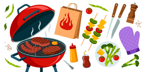 BBQ Grill Party Essentials: A vibrant collection of barbecue essentials, including a red charcoal grill with sizzling steaks and sausages, alongside assorted vegetables, condiments.