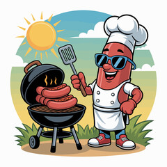 BBQ Cartoon Chef: A vibrant cartoon chef with an enticing display of juicy cooked sausage, stands proudly beside a barbecue grill, the bright sun beaming down a perfect grilling experience.