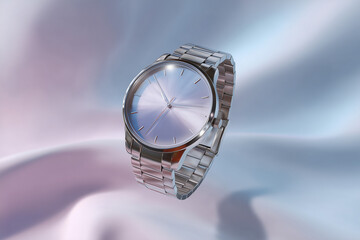 Elegant silver wristwatch with metallic strap floating over smooth pastel background