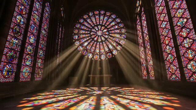 Exquisite stained glass windows and radiant light in a historic cathedral architecture