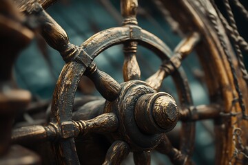 A weathered wooden ship wheel stands as a testament to seafaring history and nautical adventure