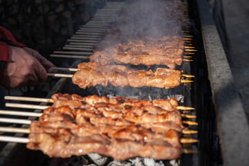 A lot of juicy meat kebabs in a row on the grill. Meat pieces strung on wooden skewers on the grill. The process of cooking kebabs with a lot of smoke. Cooking in nature