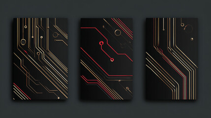 Contemporary technology cover design set. Luxury black background with white, red, gold line pattern (guilloche curves). Premium golden vector tech backdrop for business template, digital certificate