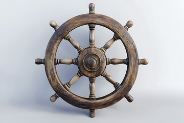 Obraz premium An aged wooden ship steering wheel presents eight handles against a white backdrop