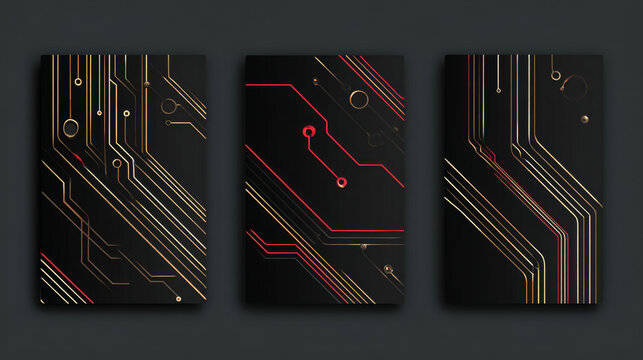 Contemporary technology cover design set. Luxury black background with white, red, gold line pattern (guilloche curves). Premium golden vector tech backdrop for business template, digital certificate