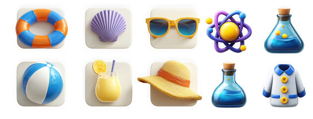 A diverse set of 3d rendered icons combining summer vacation and science lab elements, offering a unique and playful collection isolated on transparent background