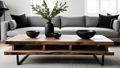 Rustic Wooden Coffee Table Display with Black Bowls and Vase