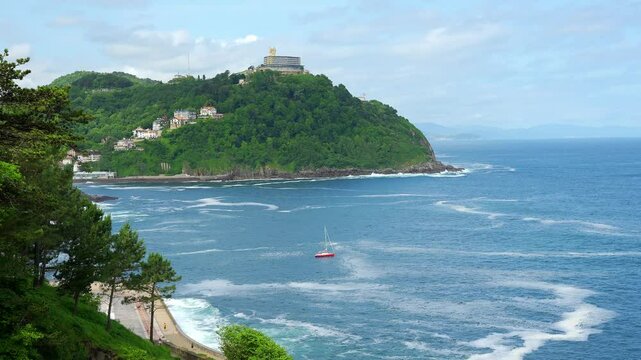 Panoramic view of the bay of San Sebastian with the island of Santa Clara and Mount Igueldo in northern Spain.