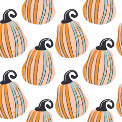 Seamless pattern of pumpkins. Autumn white striped pumpkin. on a white background. Square repeating pattern flat design for the fall season.
