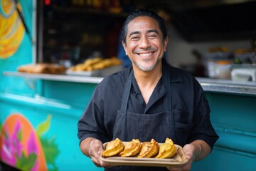 Smiling Street Food Chef Holding Colorful Empanadas in Front of Vibrant Food Truck