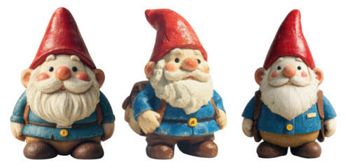 Three charming garden gnomes with red hats and blue coats stand together isolated on transparent background