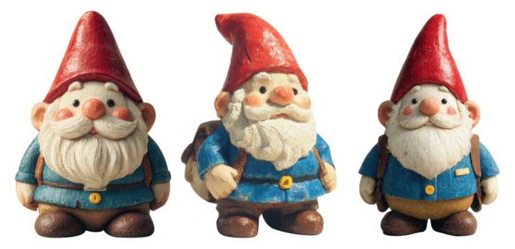 Three charming garden gnomes with red hats and blue coats stand together isolated on transparent background