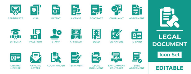 Legal Document Icon Set. Features editable icons for legal document symbols, contracts, agreements, certificates, licenses, and more.