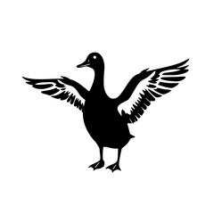 Obraz premium Elegant Duck Silhouette: A striking monochrome illustration depicts a duck with outstretched wings, showcasing its graceful form against a minimalist white background.