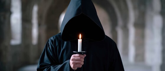 Mysterious hooded figure holding a lit candle in a dark eerie forest with foggy background creating suspenseful and spooky atmosphere for horror themed scene