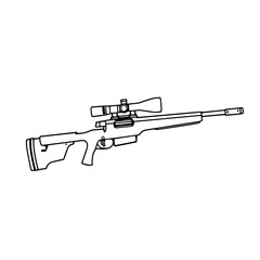 Naklejka premium Sniper Rifle Line Art: A precise black and white illustration of a sniper rifle with scope, showcasing its detailed design and tactical features.