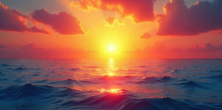 A vibrant sunrise over a calm ocean, radiating warmth and joy; perfect for themes of optimism and well-being , light, positivity