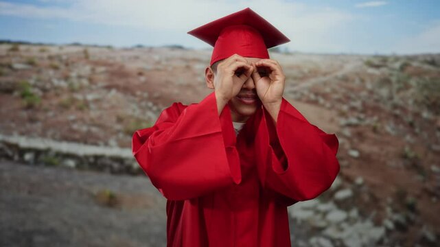Young man in red graduation gown making binoculars gesture with hands, standing outdoors in a park setting, symbolizing future possibilities and academic achievement.