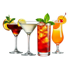 Four colorful cocktails with garnishes drinks beverages