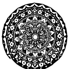 Ornamental Mandala: A striking black and white line art illustration showcases a detailed mandala design with intricate geometric patterns and floral motifs, creating a visually captivating piece.