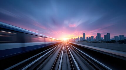Fototapeta premium Dynamic sunset over city skyline with radiant sunlight, motion blurred train and converging railway tracks creating a vibrant urban landscape scene