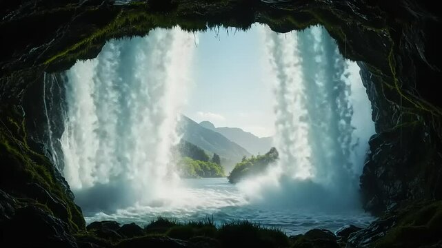Waterfall cascading into a cave