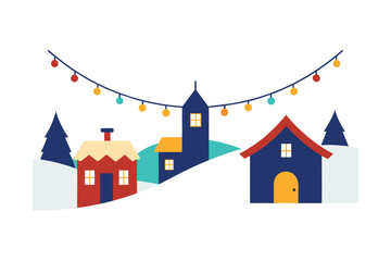 Village Street With Snowy Rooftops And Hanging Lights