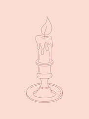 Minimalistic pink line art of a burning candle in a holder. Elegant and cozy decor element for romantic, holiday, or vintage-style designs.

