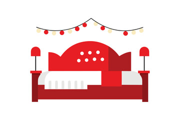 Holiday Bedroom With Red And White Bedding And Fairy Lights