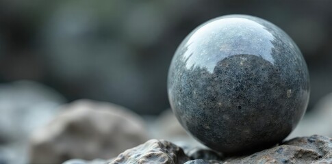 Close-up shot of a smooth, polished, grey stone shaped like a perfect sphere, revealing intricate natural veining and texture Ideal for backgrounds, textures, or abstract concepts , sphere, pebble