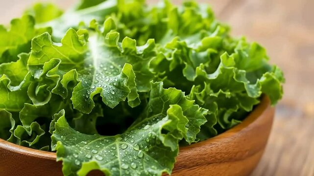 Vibrant Fresh Green Kale Leaves with Water Droplets in a Rustic Wooden Bowl, Ready for Healthy Eating

